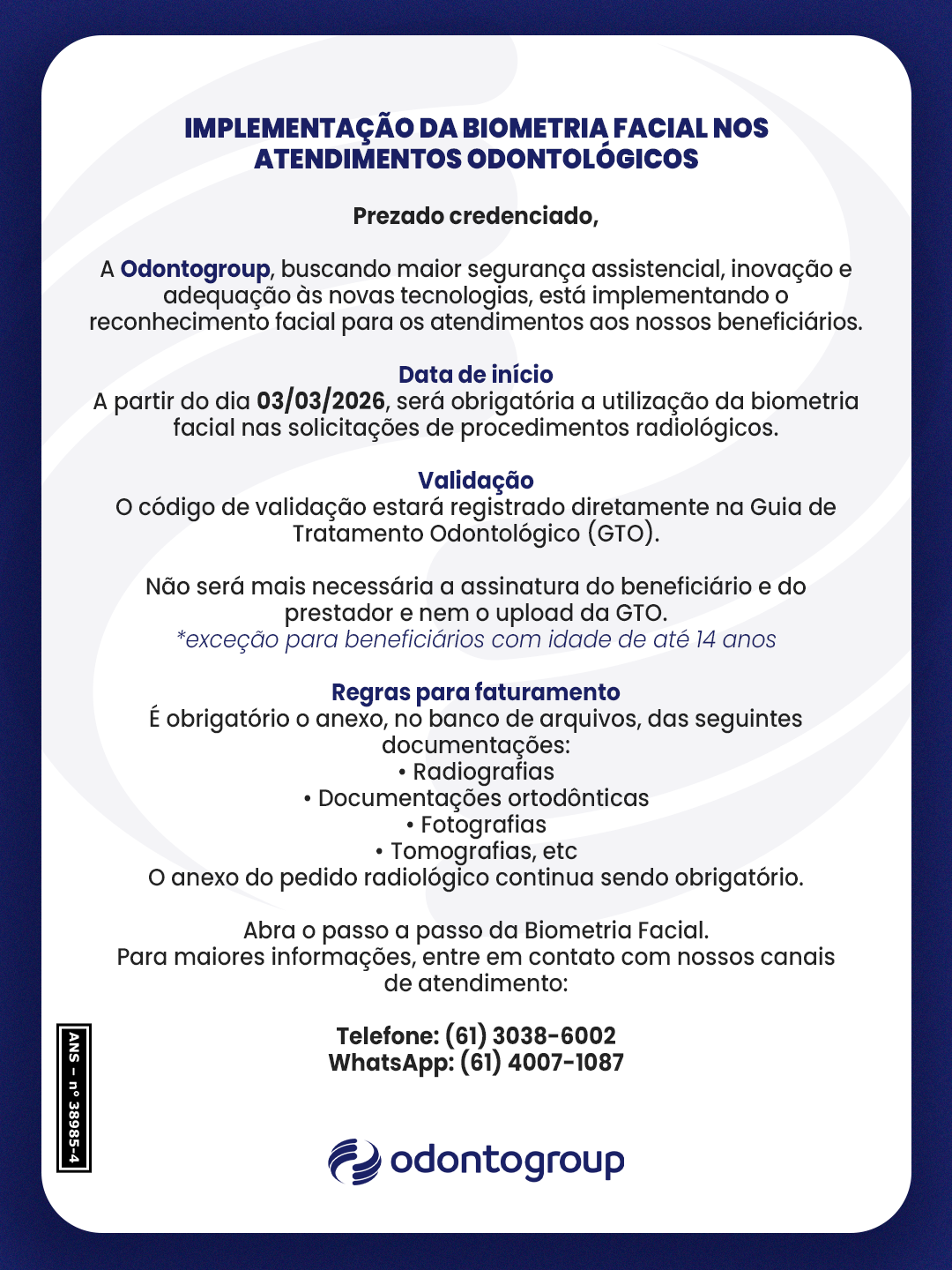 Comunicado de biometria facial Odontogroup